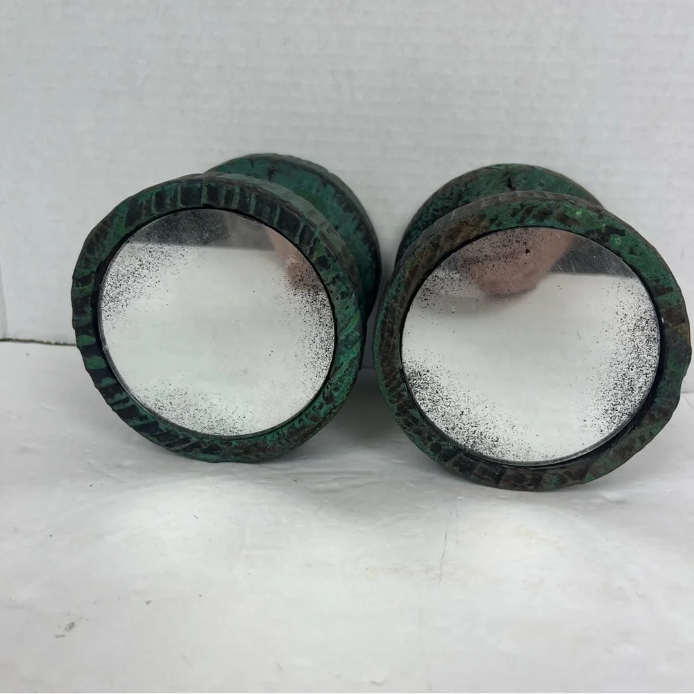Unique wood peg/hooks pair(2) with mirror front in rustic chippy green